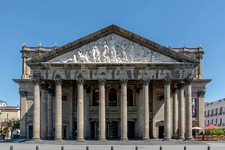 Facade of Teatro Degollado with columns and relief sculpture
