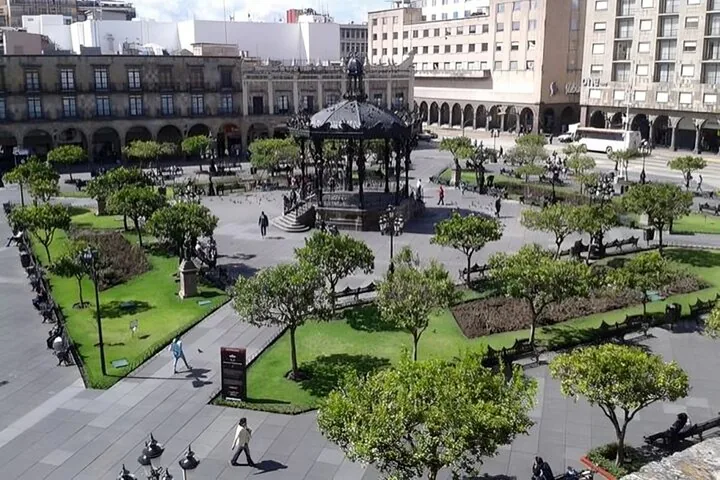 Elevated view of a public square with a central gazebo